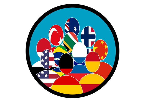 Cultural diversity in the world. Silhouettes of people with the flag of Spain, USA, Germany, South Africa, Turkey, Norway, China, Russia, Egypt and Australia - Vector, Image