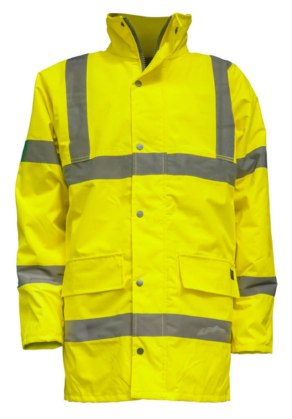 Una chaqueta de seguridad amarilla de alta visibilidad (Hi Vis), aislada sobre un fondo blanco - Foto, imagen