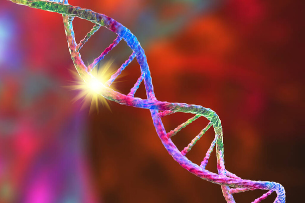 Genetyczna mutacja, konceptualna ilustracja 3D. Dwuskładnikowa cząsteczka DNA z mutacją w genie. Pojęcie zaburzeń genetycznych. Zniszczył ludzki genom. Zniszczenie DNA i mutacja genów - Zdjęcie, obraz