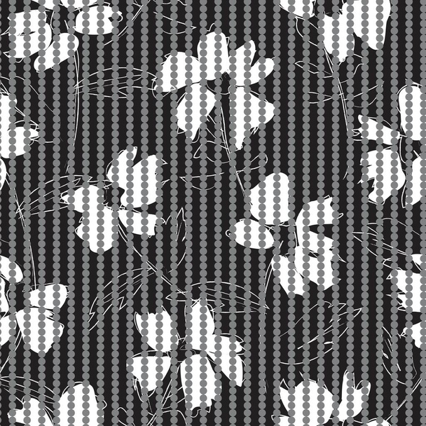 Schwarz-weiß florales botanisches nahtloses Muster mit gestreiftem Hintergrund für Modetextilien und Grafiken - Vektor, Bild