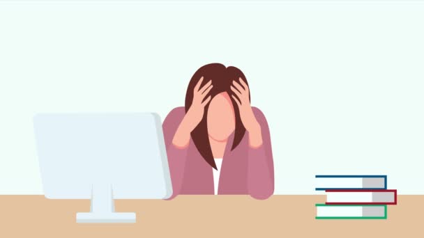 The business woman feels tired and the battery level is low.A woman sits at her desk and holds her head in her hands. White background - Footage, Video