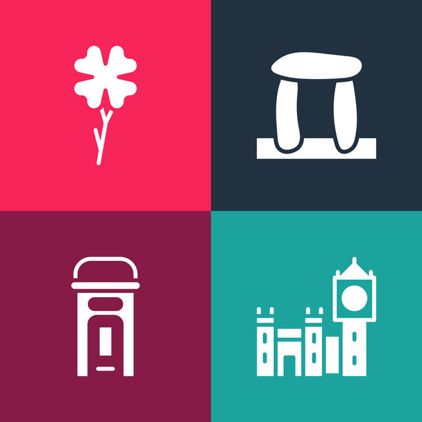 Állítsa pop art Big Ben torony, London telefonfülke, Stonehenge és négy levél lóhere ikon. Vektor. - Vektor, kép