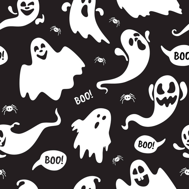 Cute ghost boo holiday character seamless pattern flat style design vector illustration set isolated on dark background. - Vektor, obrázek