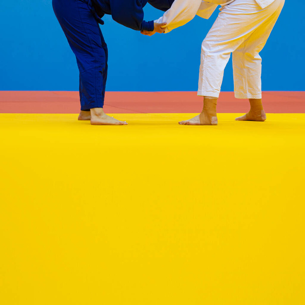 Δύο μαχητές τζούντο με άσπρη και μπλε στολή. Επαγγελματική έννοια του αθλητισμού - Φωτογραφία, εικόνα