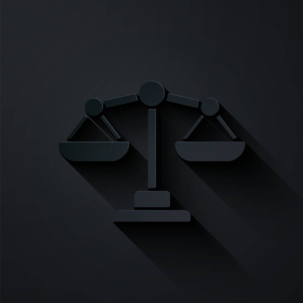 Carta tagliata Scale di icona della giustizia isolate su sfondo nero. Simbolo della Corte di giustizia. Segno di bilancia. Stile cartaceo. Vettore.. - Vettoriali, immagini