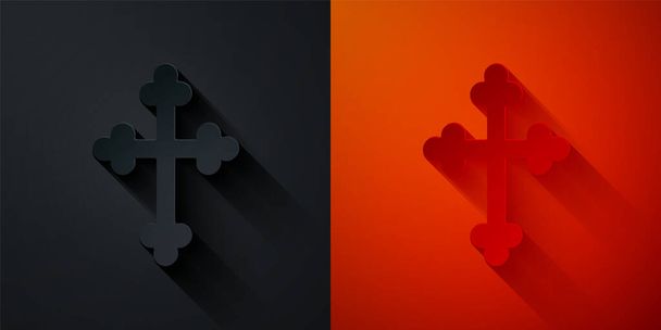 Paper cut Christian cross icon isolated on black and red background. Church cross. Paper art style. Vector - Vector, Image