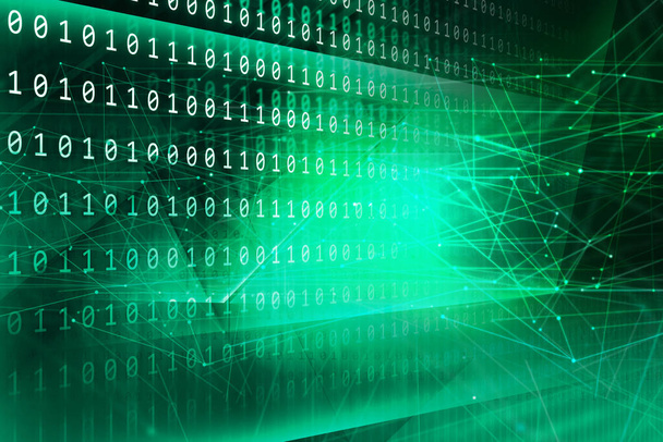 A 3D rendering of futuristic green digital binary code background connected with dotes and lines - Foto, immagini