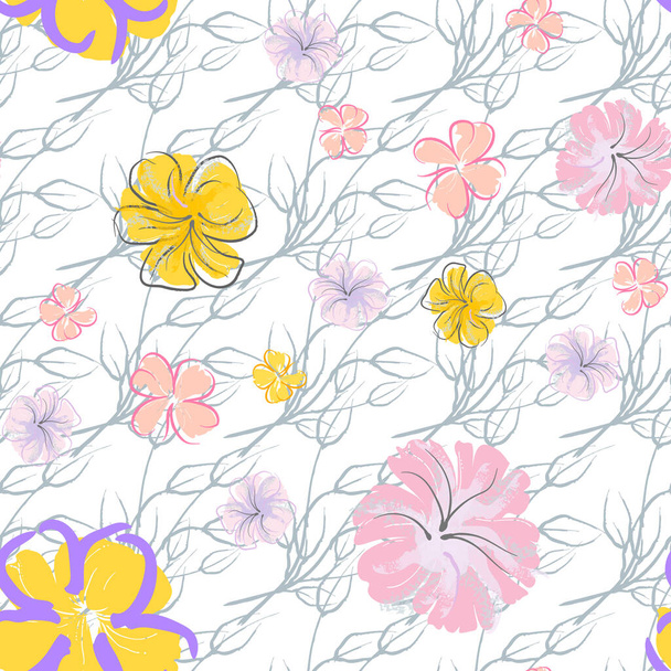 Pink Flowers Blooming Pattern. Pastel Watercolor Floral Print. Little Pink, Yellow, Lilac flower on grey leaf. Elegant brush Background. Seamless Botanical Vector Surface. Texture For Fashion Prints. - Вектор, зображення