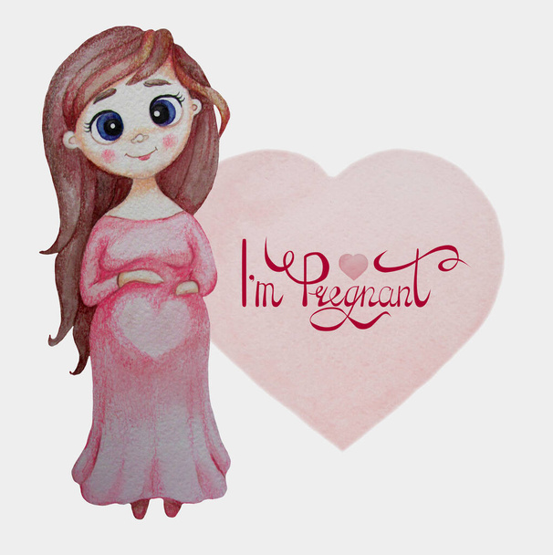 Przyszłe macierzyństwo. Cute szczęśliwa kobieta w ciąży z długimi włosami w różowej sukience. Na białym tle, duże serce z napisem - Jestem w ciąży. Akwarela. Rysunek ręczny - Zdjęcie, obraz