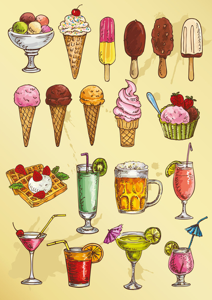 Set of hand drawing alcohol coctail and ice cream - Vector, imagen