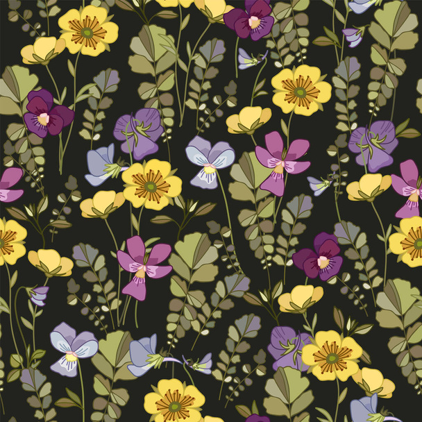 Floral background with pansy flowers and wildflowers. - Vetor, Imagem