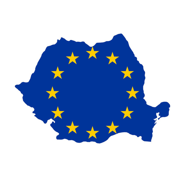 Mappa della Romania con la bandiera dell'Unione Europea isolata su sfondo bianco. - Vettoriali, immagini