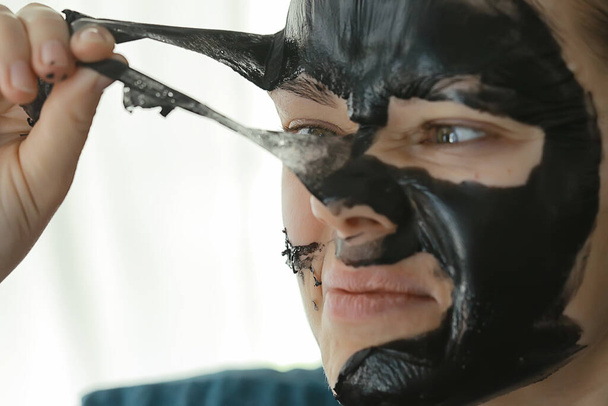 self, home skin pore cleaning black charcoal mask, spa skin female face - Zdjęcie, obraz