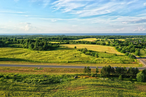 summer road top view drone, nature landscape background - Zdjęcie, obraz
