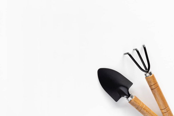 Gardening tools on white background. Small shovel, scapula and rake for planting - Photo, Image
