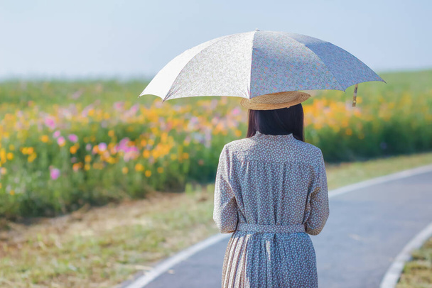Ένας σέρφερ που φοράει ένα vintage φόρεμα κουβαλώντας μια ομπρέλα ηλίου ταξιδεύοντας στο πεδίο των λουλουδιών του σύμπαντος για να δει την ομορφιά των πολύχρωμων λουλουδιών του σύμπαντος. γυναίκες τουρίστες περπατούν γύρω από τα λιβάδια λουλουδιών. - Φωτογραφία, εικόνα