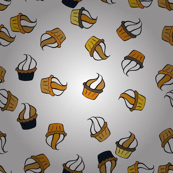 Cupcakes Aromen kritzeln Illustration auf gelb, schwarz und weiß. Nahtlos an handgefertigten Vintage-Cupcakes und Muffins. Vektorillustration. Konditorei. - Vektor, Bild