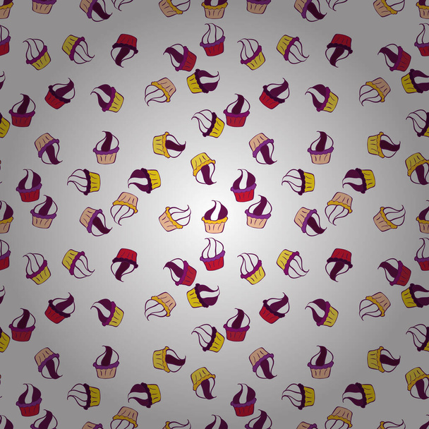 Ilustración vectorial. Pastelitos coloridos y diferentes con tiempo dulce escrito en el medio aislado en blanco, amarillo y púrpura. - Vector, imagen