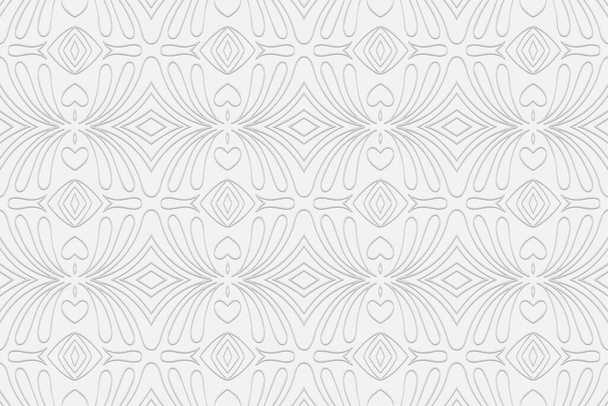 Volumetric convex white background. 3d embossed geometric graceful pattern with thin lines, hearts and abstract shapes. Ethnic minimalist elements for design and decor. - Vektori, kuva
