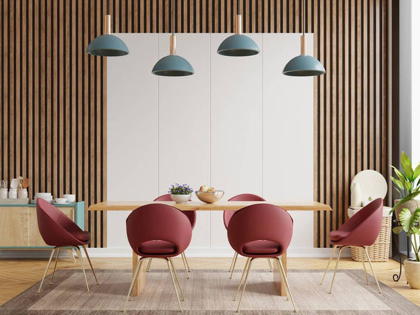 Moderne eetkamer interieur design witte muur mockup met fauteuil en accessoires in de kamer.3d rendering - Foto, afbeelding