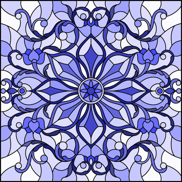 Ilustrace ve stylu barevného skla s abstraktními květy, víry a listy na světlém pozadí, monochromatické, tónově modré - Vektor, obrázek