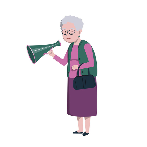 Oudere vrouw met een luidspreker. Kleur vector illustratie in een platte stijl. - Vector, afbeelding