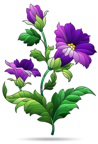 Ilustrace ve stylu barevného skla s větví abstraktních fialových květů izolovaných na bílém pozadí - Vektor, obrázek