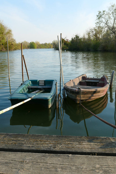 Opuszczona łódź wiosłowa, odizolowana na jeziorze. Dwie łodzie wiosłowe na wodzie. - Zdjęcie, obraz