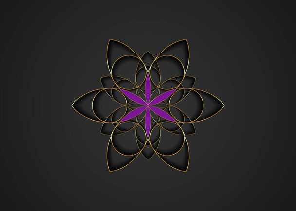 Flower of Life symbol Sacred Geometry. Gold luxury Logo icon round geometric mystic purple mandala of alchemy esoteric Seed of life. Vector divine meditative amulet isolated on black background - Vecteur, image