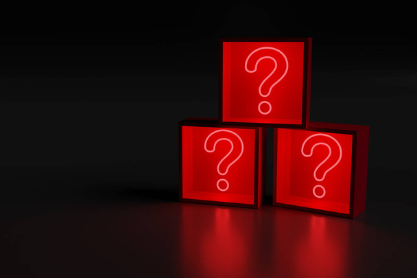 Red neon light in the shape of a question mark in boxes. 3d illustration. - Photo, Image