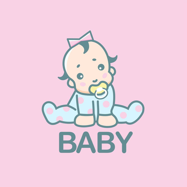 Векторное изображение младенца, сидящего с успокаивателями на розовом фоне. - Вектор,изображение