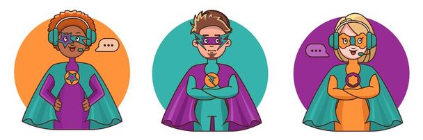 Cartone animato personaggio super eroe. vettore carino kawaii set supereroi emoji isolato - Vettoriali, immagini