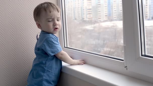 Mały chłopczyk siedzący za oknem. bezpieczeństwo w domu dla małych dzieci - Materiał filmowy, wideo