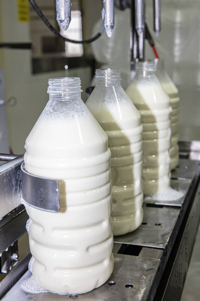 Maidon täyttäminen muovipulloihin tehtaalla. maitotehtaan laitteet. Maidon pullotuskone. - Valokuva, kuva