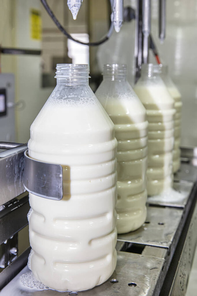 Filling milk into plastic bottles at the factory. equipment in dairy factory. Milk bottling machine. - Photo, Image