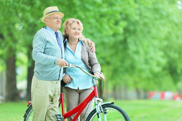 Mature couple pushing bicycle - Foto, imagen