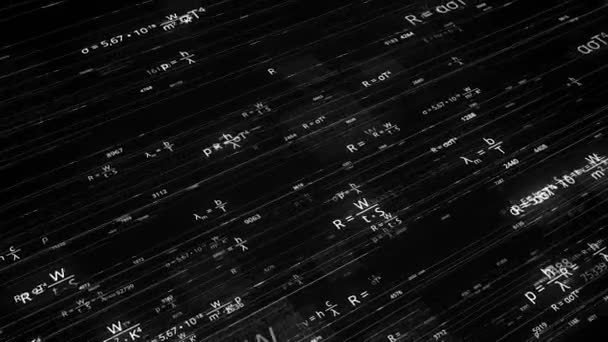 Lines with mathematical equations on black background. Animation. Glowing mathematical formulas in cyberspace. Mathematical formulas change and move on lines in electronic space - Video