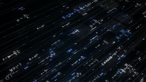 Lines with mathematical equations on black background. Animation. Glowing mathematical formulas in cyberspace. Mathematical formulas change and move on lines in electronic space - Video