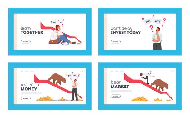 Bear Market Trend at Covid Landing Page Template Set. Stock Panic Sell due to Epidemic. Business Characters Fighting - Vector, Image