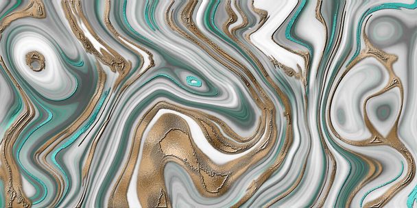 Vloeibare marmeren agaat, abstract wit grijs groen turquoise marmeren agaat graniet, gouden aderen, kintsugi techniek, abstracte vloeibare stenen textuur, gemarmerd oppervlak, digitale marmering. Illustratie - Foto, afbeelding