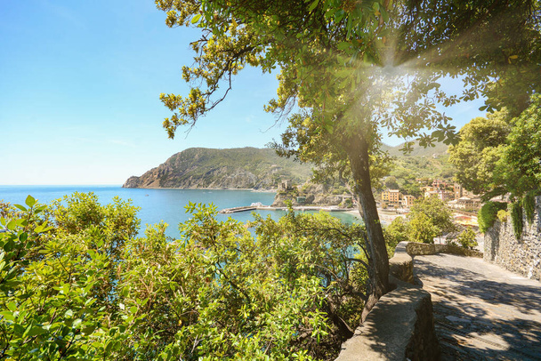 Vista dal sentiero escursionistico alla bellissima costa e spiaggia del mar Mediterraneo vicino al paese Monterosso al Mare all'inizio dell'estate, Cinque Terre Liguria Italia Europa - Foto, immagini