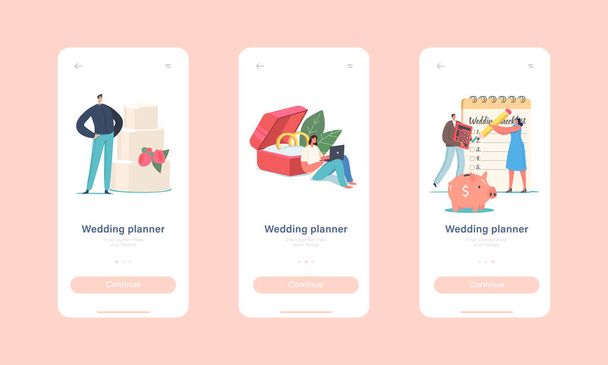 Plantilla de pantalla a bordo de la página de la aplicación móvil Wedding Planner. Pequeños personajes de pareja que llenan una enorme lista de verificación antes del matrimonio - Vector, imagen