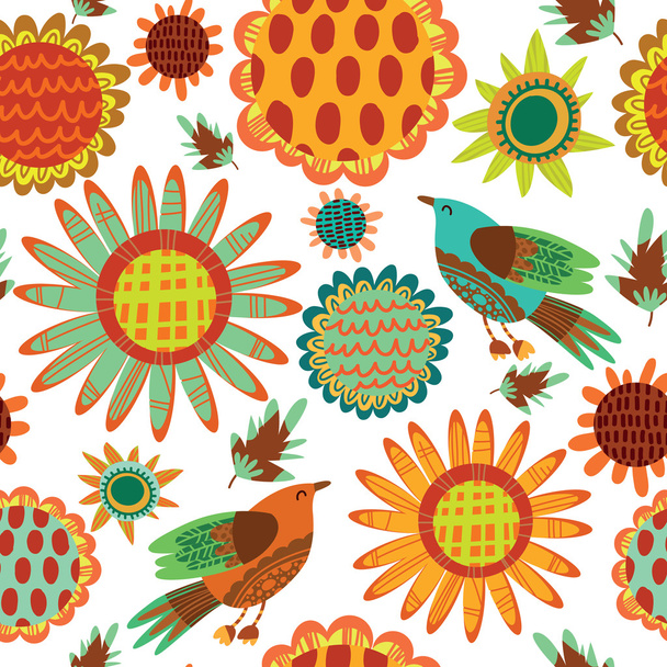 Pattern with sunflowers and birds - Vektor, kép