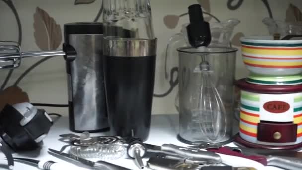 A variety of utensils for the bar and kitchen. Cutlery on the shelf - Footage, Video