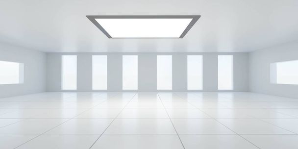 bílá abstraktní futuristická architektura interiér budovy s velkými okny, denním světlem a dlaždicovou podlahou s odlesky 3d vykreslení ilustrace - Fotografie, Obrázek