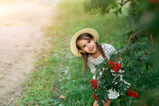A little girl in a hat peeks out from behind branches with red rowan trees. - Фото, изображение
