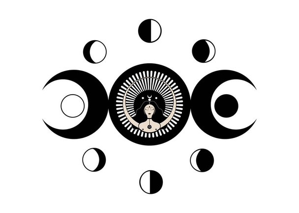 Wiccan γυναίκα εικόνα, τριπλό σύμβολο θεά των φάσεων του φεγγαριού. Triple Moon Θρησκευτική επιγραφή Wicca. Λογότυπο νεοπαγανισμού. Σεληνιακοί κύκλοι ημερολογίου. Νέα Πανσέληνος, Πνιγμένη Ημισέληνος, πρώτο και τελευταίο τέταρτο. Διάνυσμα  - Διάνυσμα, εικόνα
