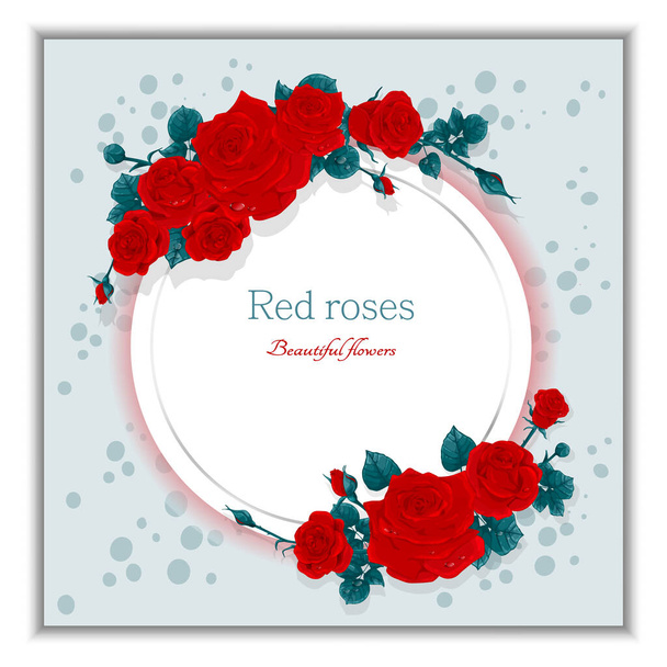 Cadre rond avec des roses rouges et des feuilles sur un fond clair. Carte vintage, invitation, carte de vœux. Illustration vectorielle - Vecteur, image
