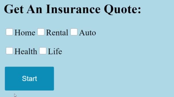 Mouse Cursor Slides Over And Selects Medical Insurance Quote and Clicks Start on Web Page. Взгляд на онлайн-страхование благосостояния Cursor Clicking. Взгляд через интернет. - Кадры, видео