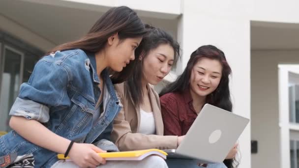 Üç Asyalı kız öğrenci teneffüste bilgisayarı kampüste otururken kullanıyor. - Video, Çekim